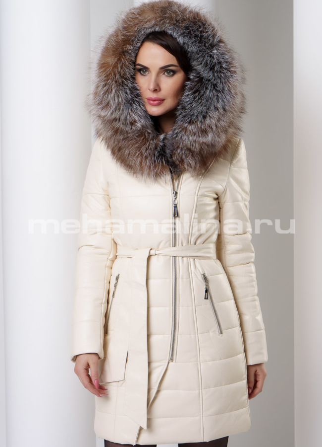 фото Светлый кожаный пуховик модель № 8779