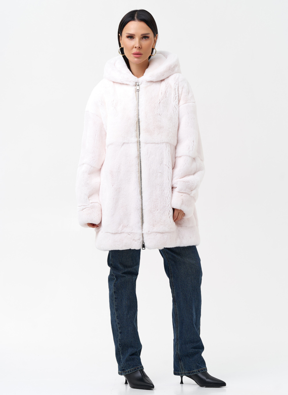 Шуба из меха кролика с капюшоном