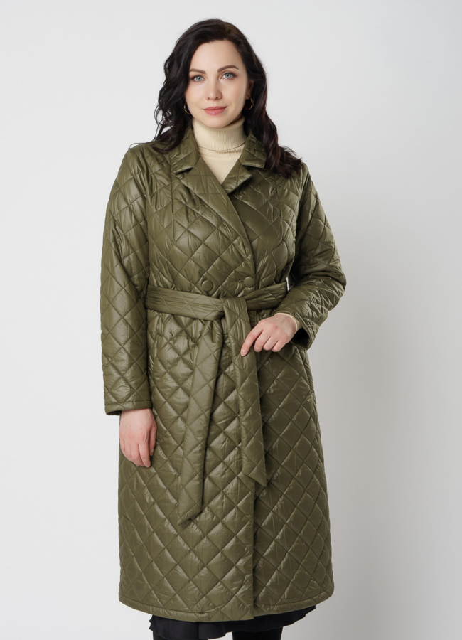 Женское демиезонное пальто зеленого цвета модель № 46 меха малина