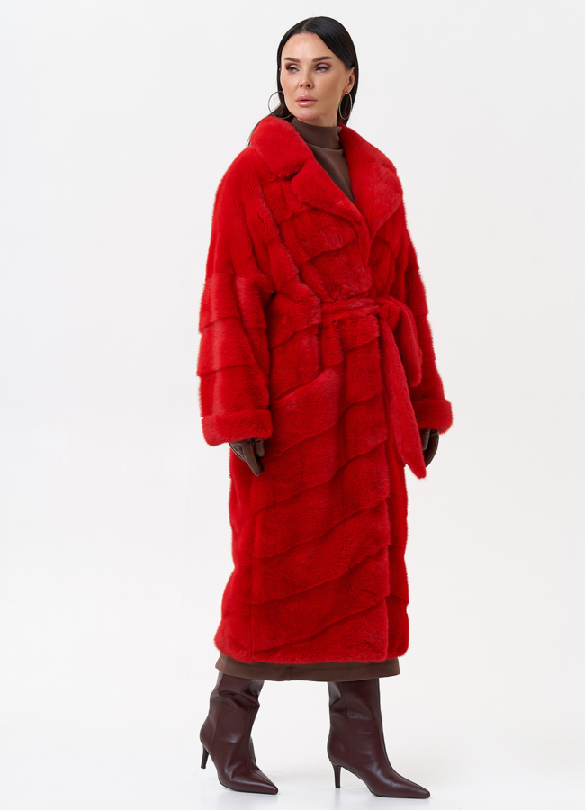 Длинная красная шуба из норки модель № 26244 меха малина