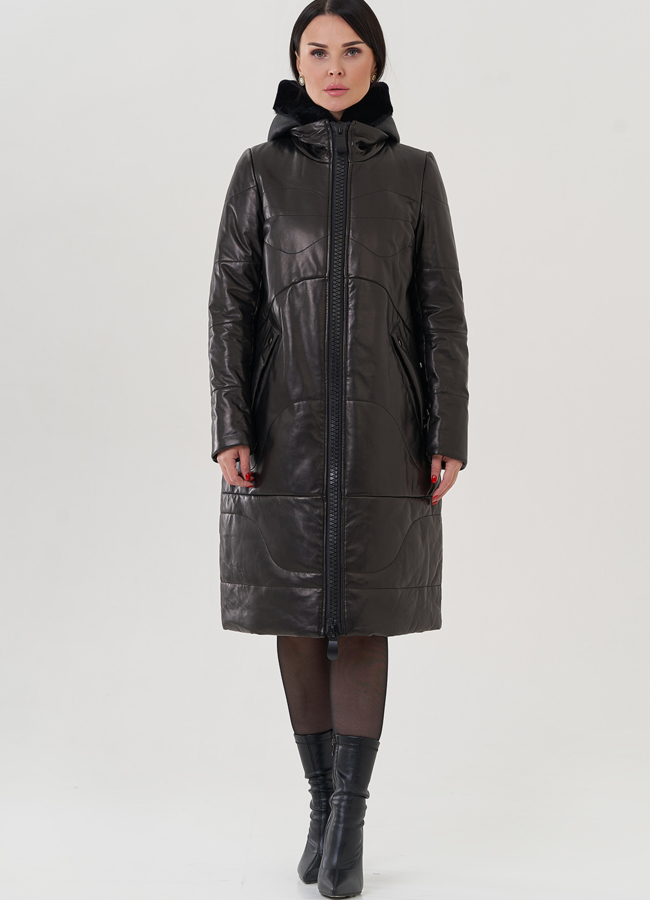 фото Пуховик из натуральной кожи на молнии с капюшоном модель № 19575 фото Пуховик из натуральной кожи на молнии с капюшоном модель № 19575