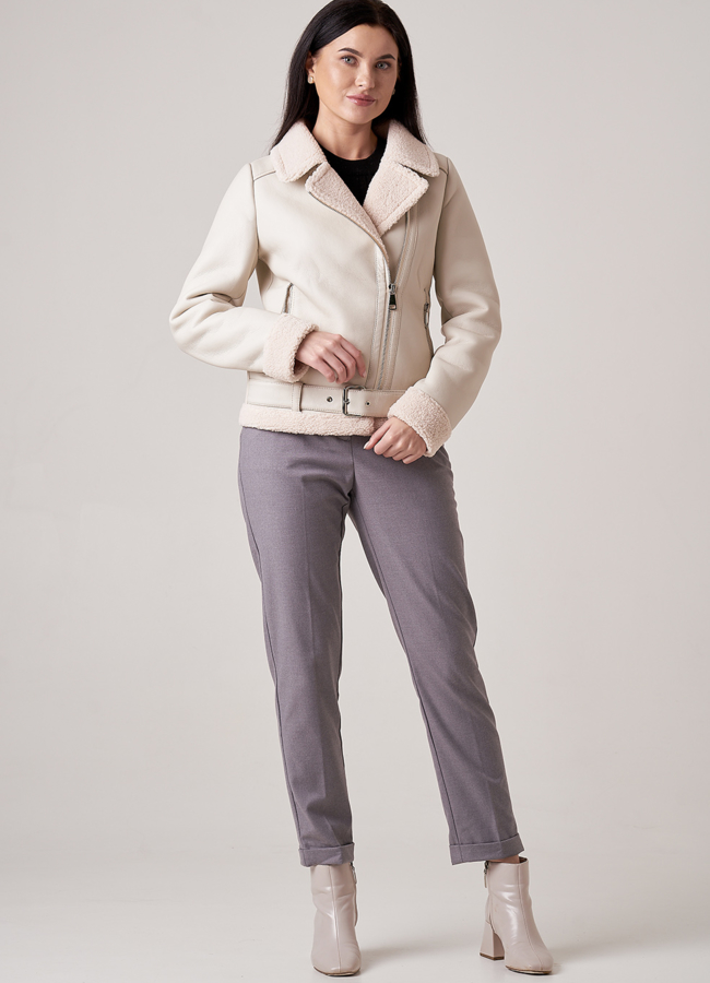 Светлая дубленка пилот из эко кожи модель № 18811 меха малина