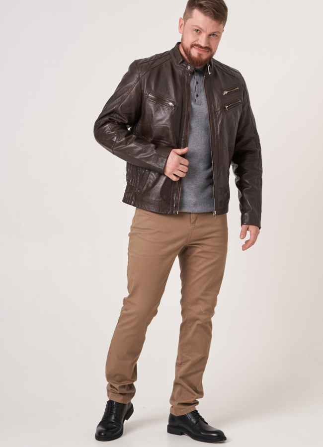 фото Кожаная коричневая куртка на молнии со стойкой модель № 775