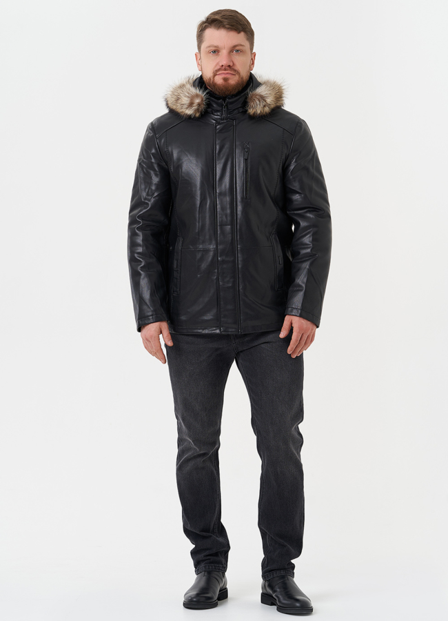 Пуховик из эко кожи с мехом енота модель № 27741 меха малина