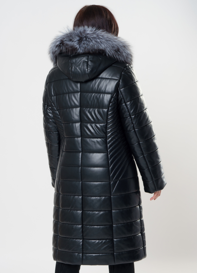 Удлиненный пуховик из эко кожи с чернобуркой модель № 8906 в рассрочку