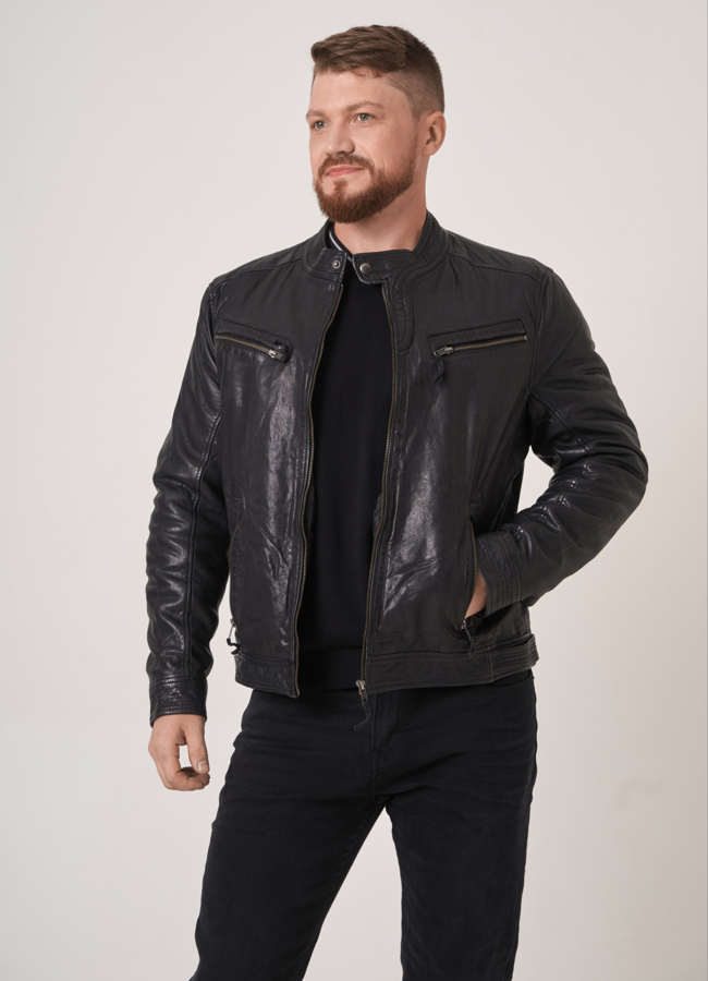 Мужская кожаная куртка модель № 770 меха малина