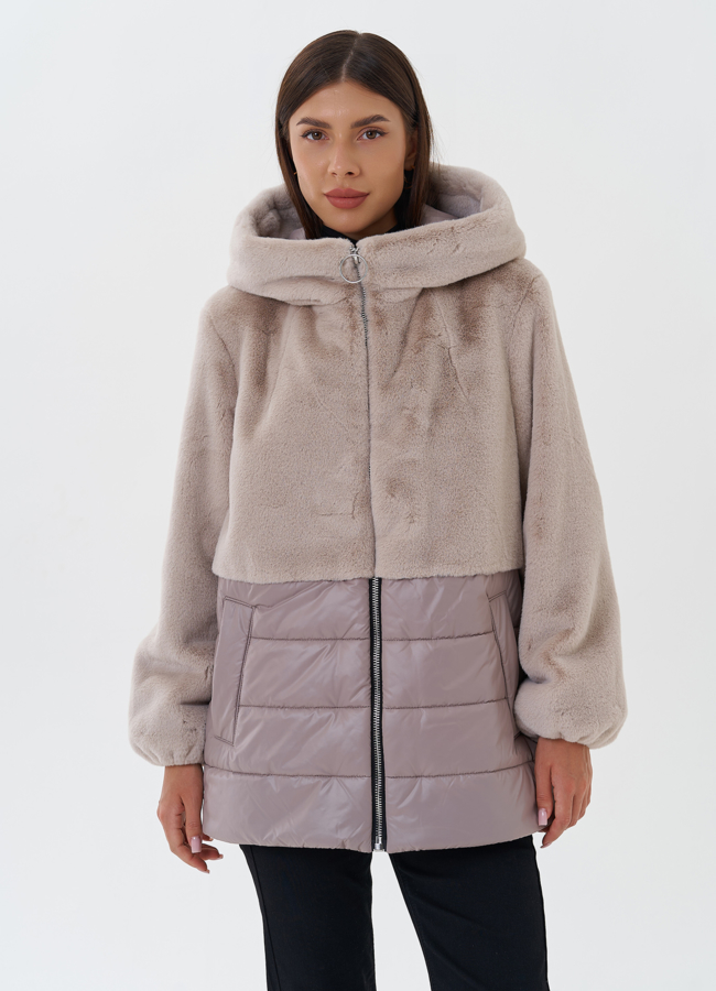 Комбинированный пуховик с капюшоном модель № 27653 меха малина