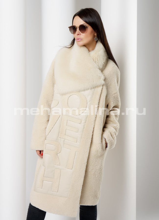 фото Дубленка кремового цвета с воротником на кнопках модель № 3201-98