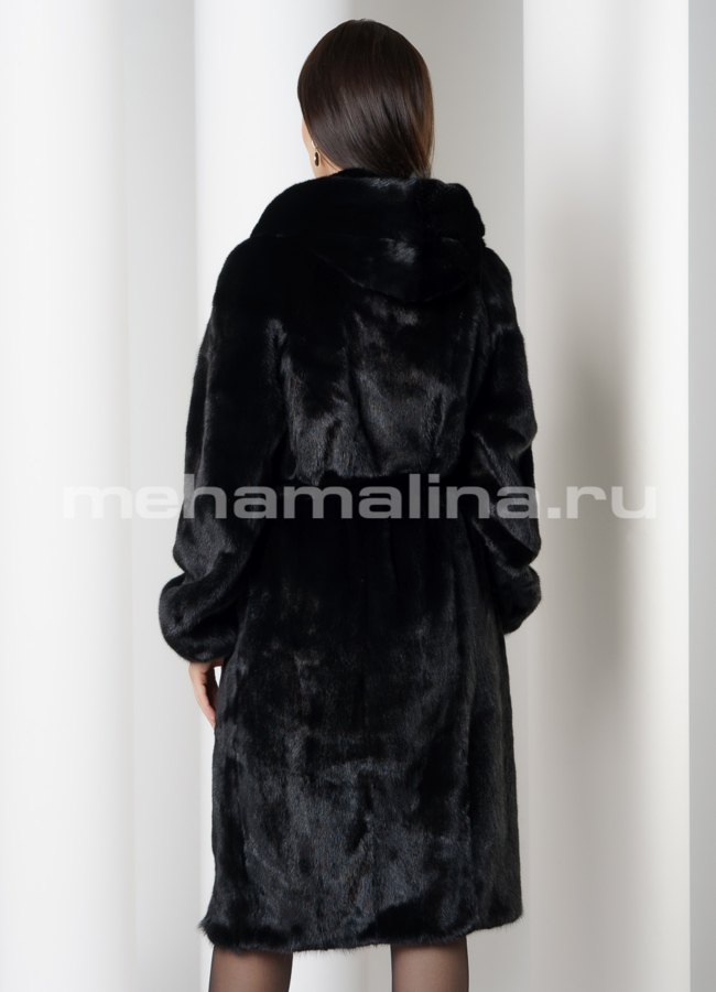 фото Черная норковая шуба с капюшоном модель № 3007