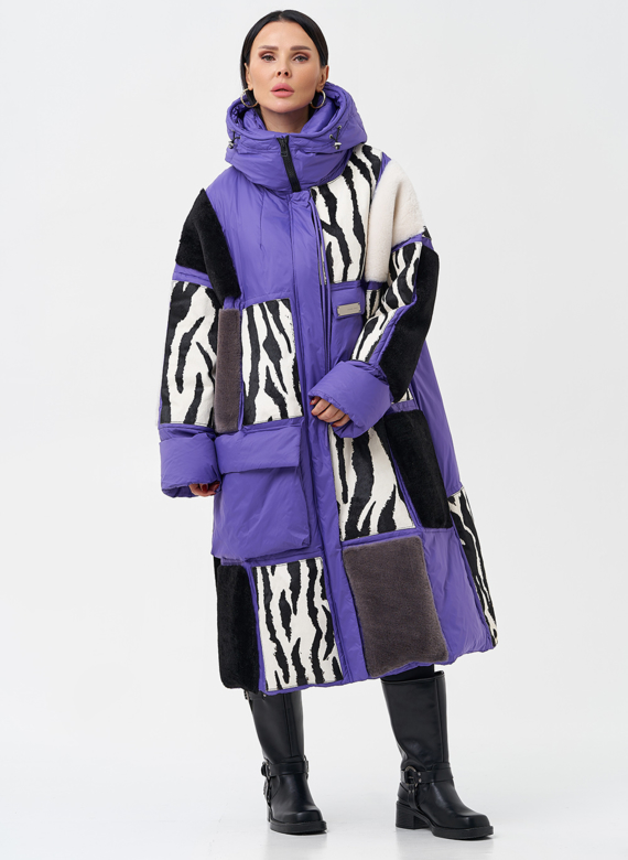 Комбинированный женский пуховик с капюшоном