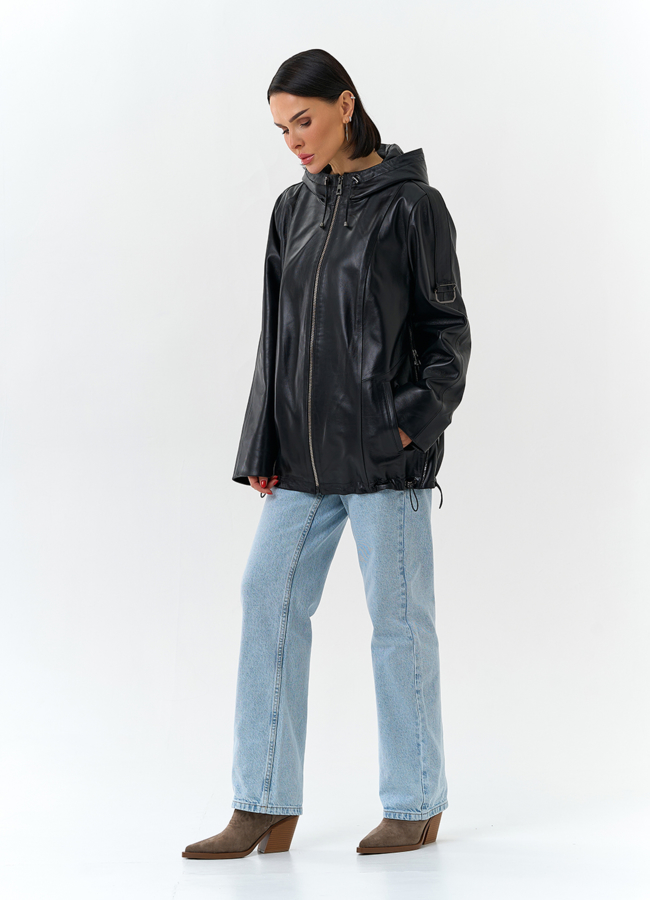 Женская куртка из натуральной кожи с капюшоном модель №  универмаг малина