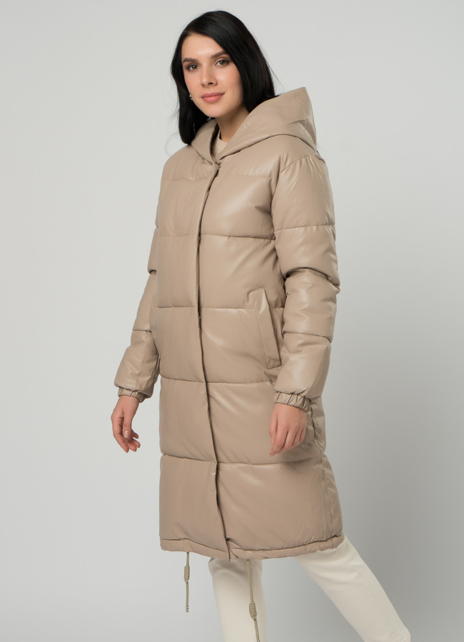 Длинный пуховик из эко кожи модель № 73321 универмаг малина