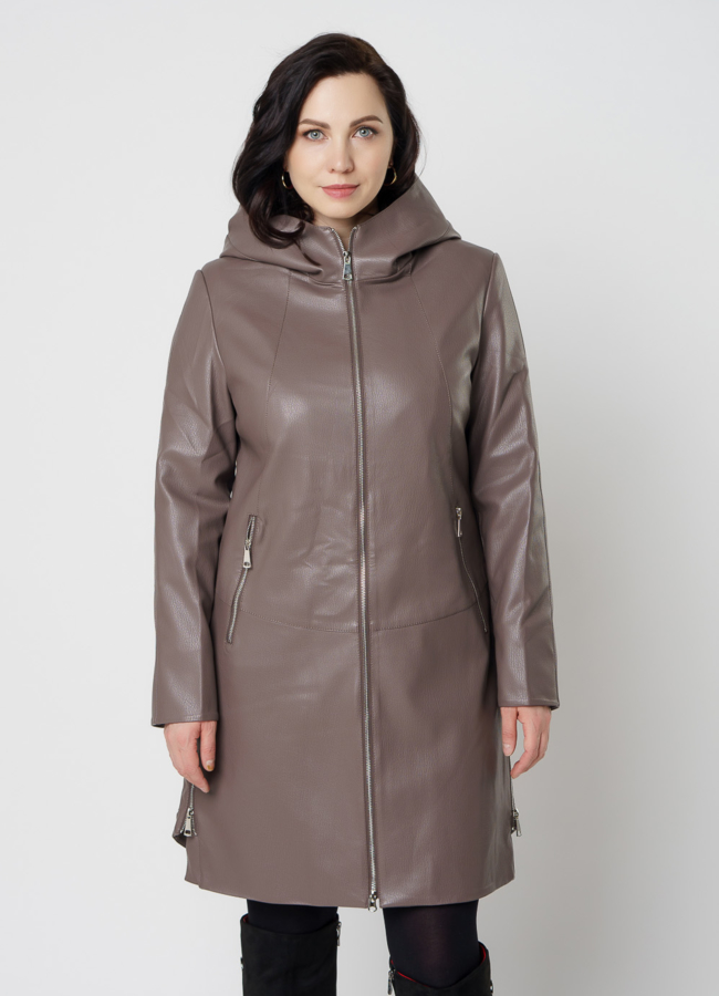 Полупальто женское из эко кожи бежевого цвета модель № 20536 меха малина