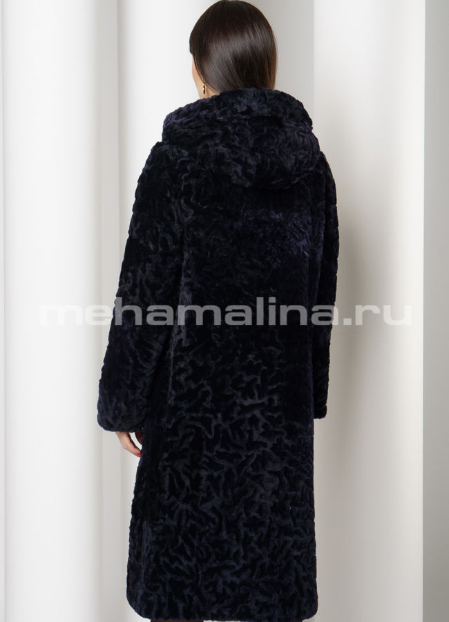 Мутоновая шуба расклешенная на пуговицах с капюшоном синего цвета модель № S-738 в рассрочку