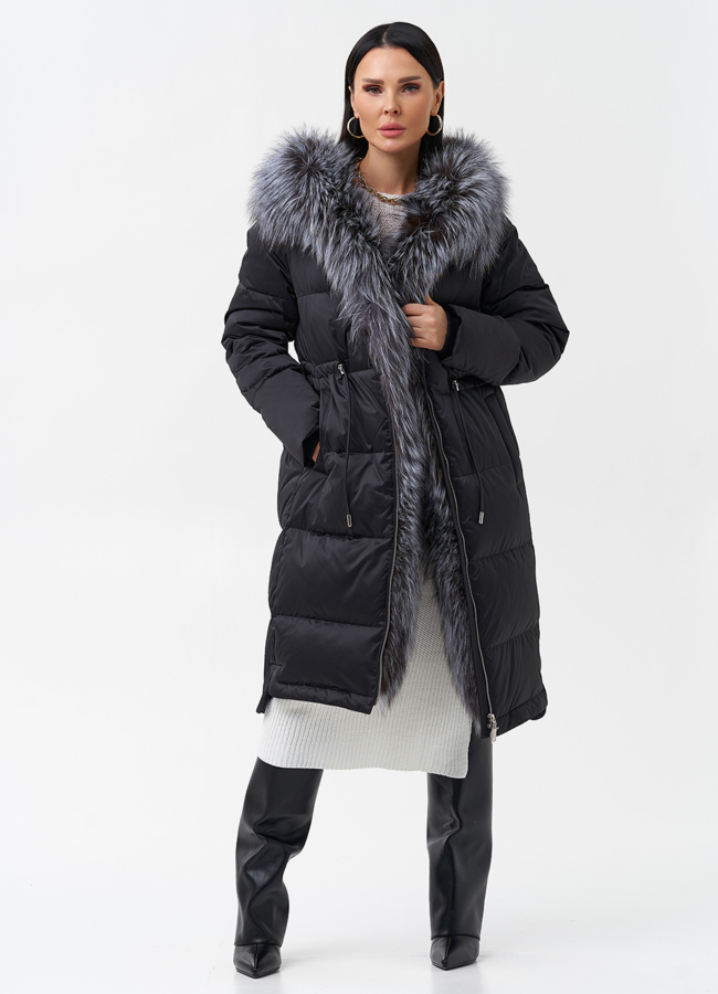 Женский пуховик с отделкой из меха чернобурки модель № 28524 меха малина