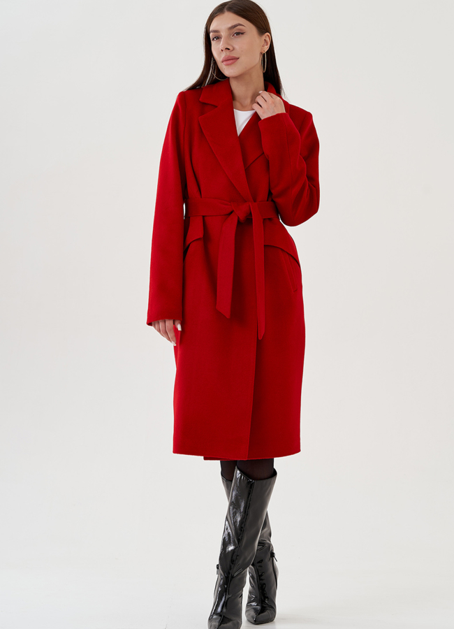 фото Пальто женское удлиненное  в красном цвете с поясом модель № 81037