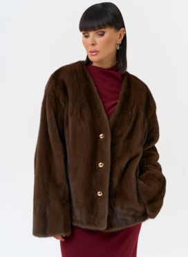 Укороченная шуба из меха норки с акцентными пуговицами