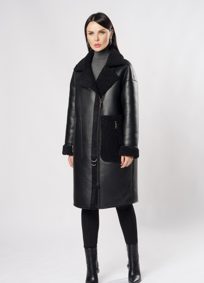 фото Дубленка из эко кожи черного цвета на молнии модель № 2026-2