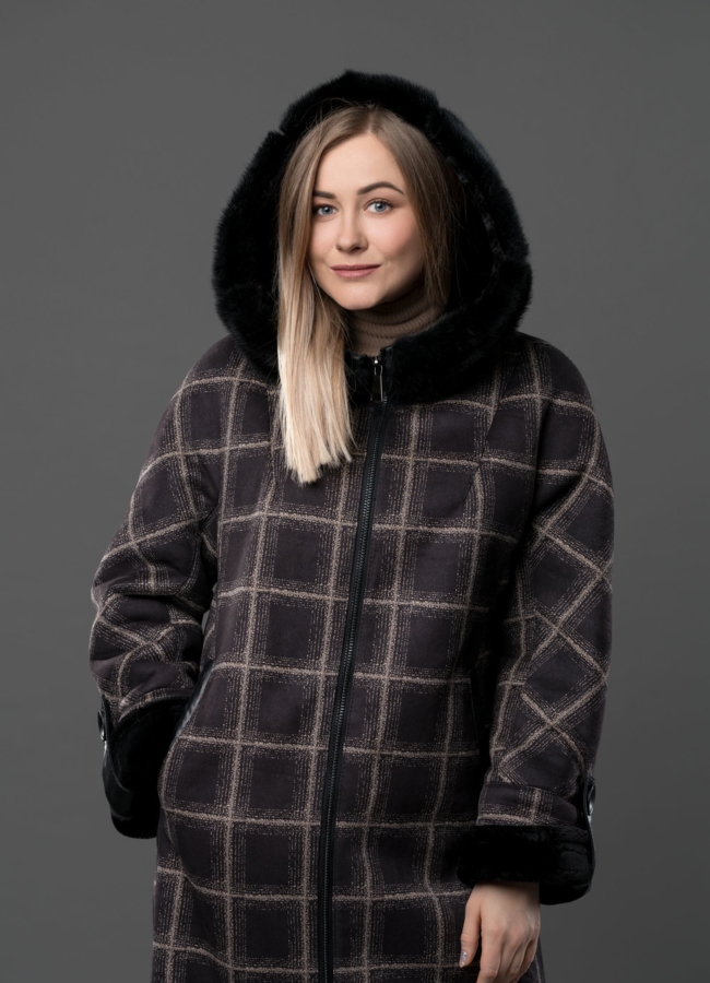 Дубленка из эко кожи коричневого цвета с натуральным мехом модель № 7771 в рассрочку