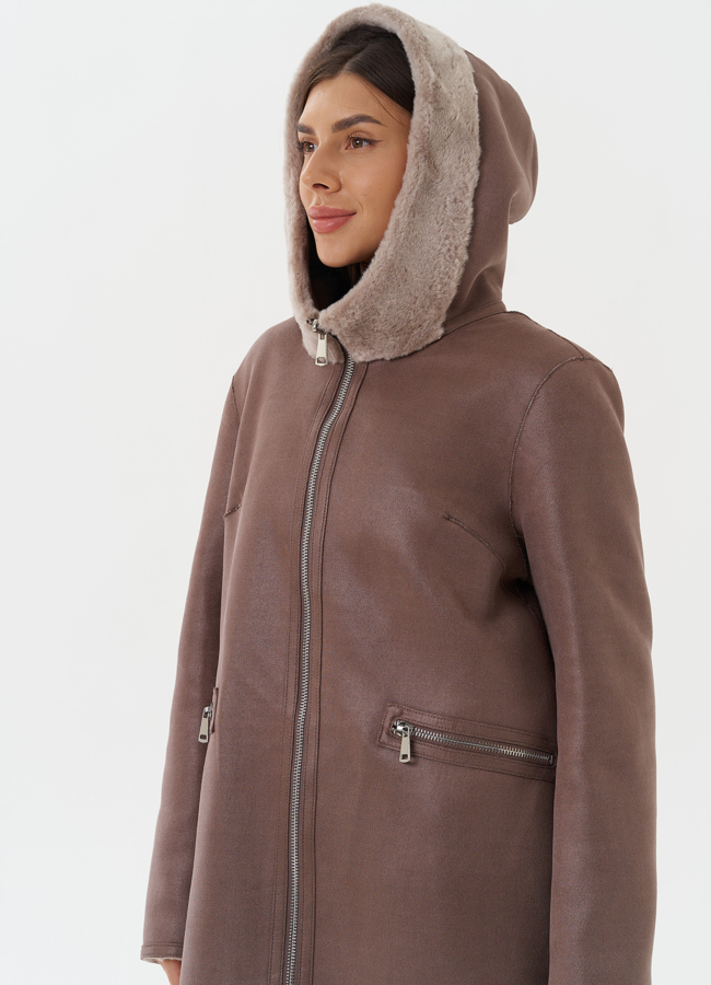 Двухсторонняя экодубленка с капюшоном модель № 27766 универмаг малина