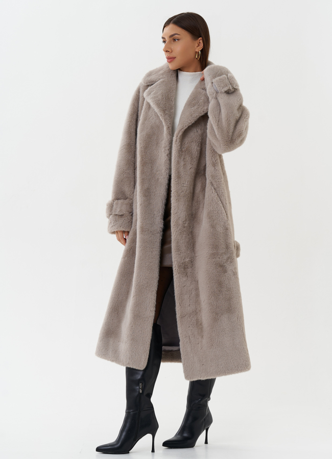 Пальто из экомеха с поясом  модель № 27796 универмаг малина