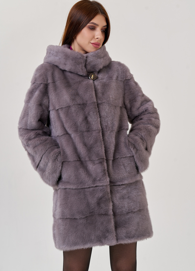 Норковая шуба с капюшоном  модель № 23324 меха малина