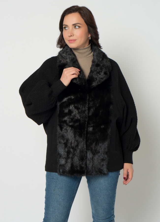 Кардиган черного цвета с отделкой из норки модель № 21664 меха малина