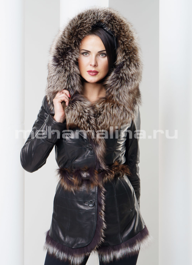 Кожаная куртка с мехом модель № K-266 меха малина