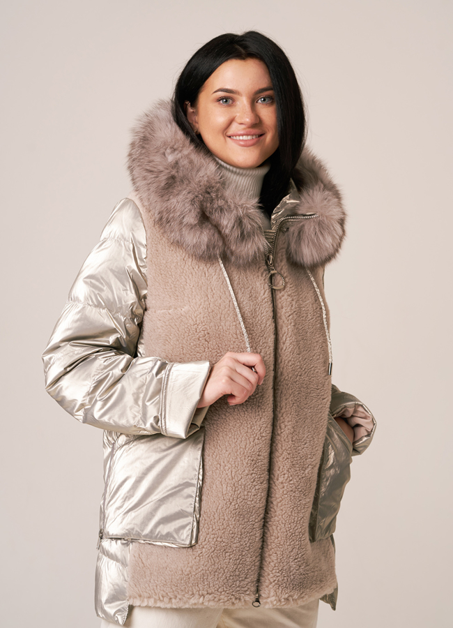 Комбинированный пуховик с шерстью, на молнии с капюшоном модель № 912-2 в кредит