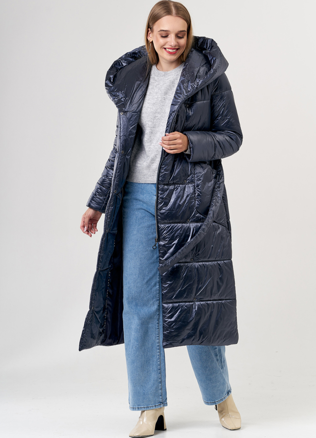 Пуховик синего цвета в длине макси модель № 0107 универмаг малина
