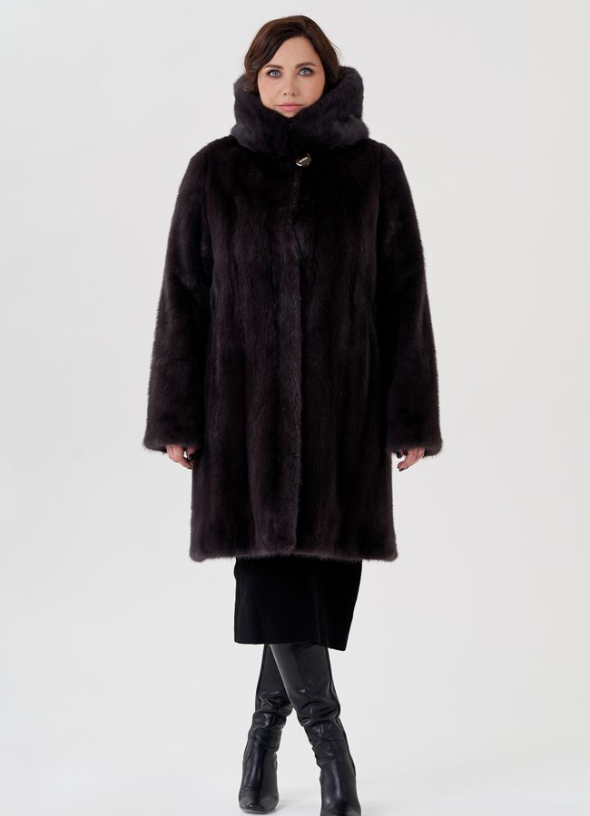 Классическая шуба из норки с капюшоном модель № 23327 универмаг малина