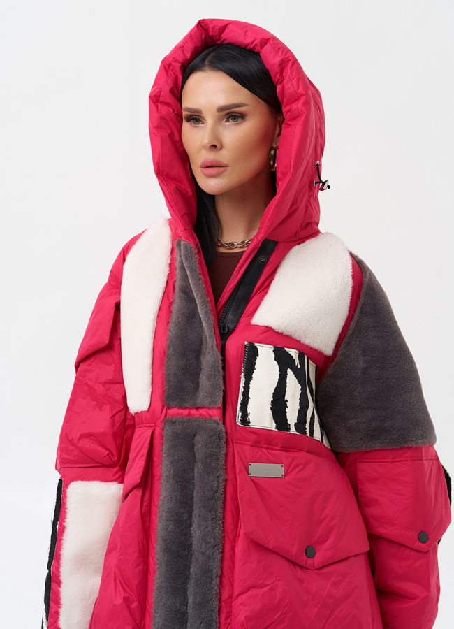 Комбинированный женский пуховик с капюшоном модель № 28371 универмаг малина