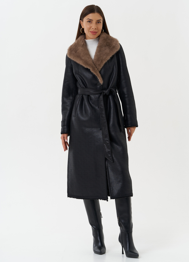 Двухсторонняя дубленка из эко кожи модель № 27781 меха малина