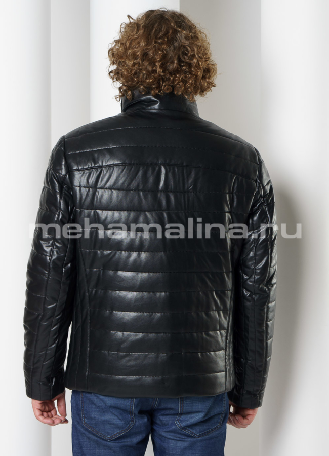 Пуховик из эко кожи черного цвета, на молнии, отделка овчина модель № KP-237 в кредит