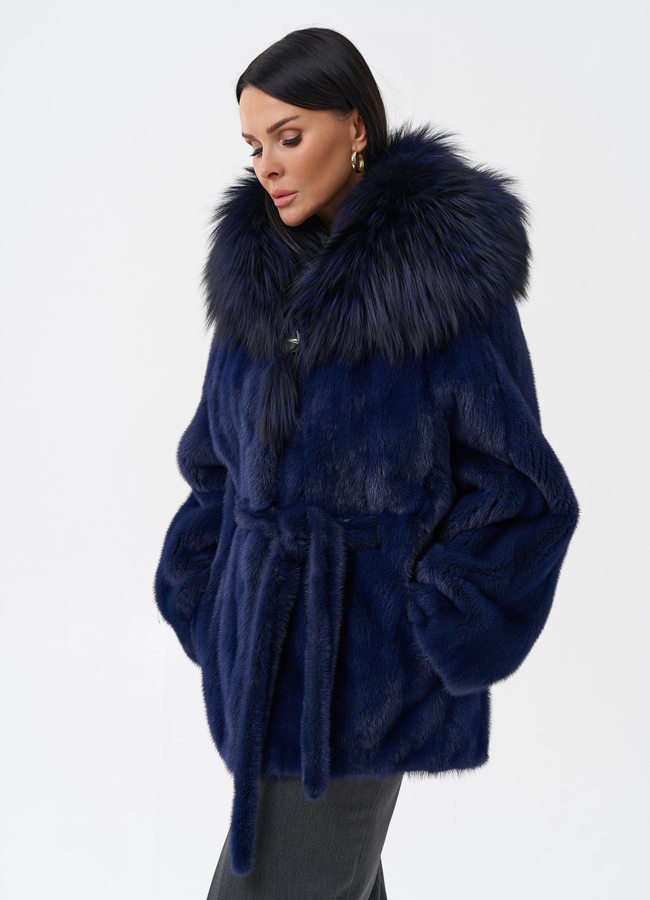 Синяя норковая шуба с капюшоном модель № 28098 универмаг малина
