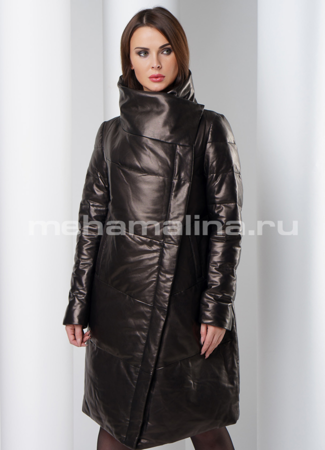 Пальто из кожи модель № K-383 меха малина