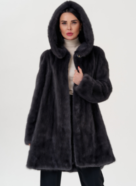 Норковая шуба балетка, в цвете графит с капюшоном