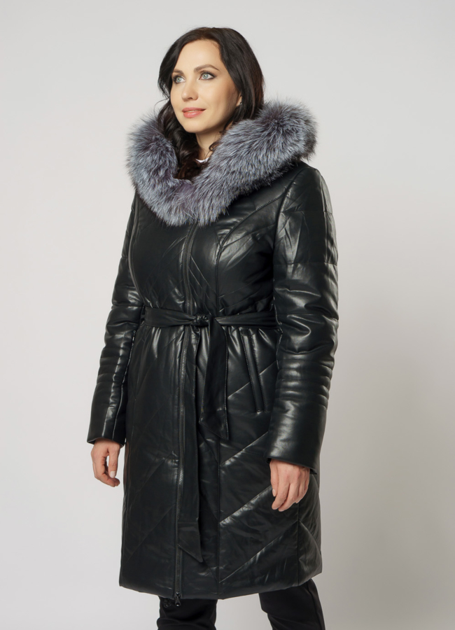 фото Черный пуховик с чернобуркой из эко кожи модель № 18257