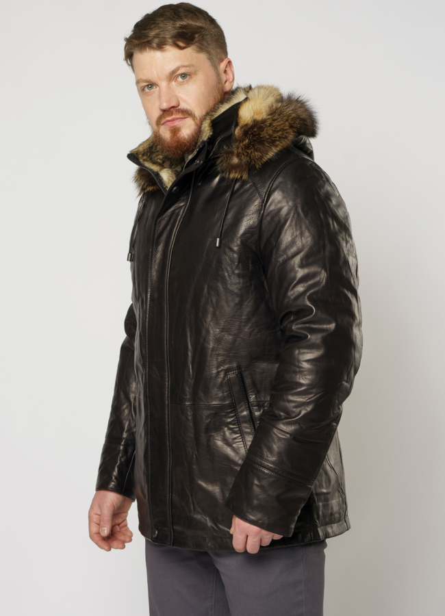 Дубленка из натуральной кожи на волке с капюшоном модель № DM-131 универмаг малина