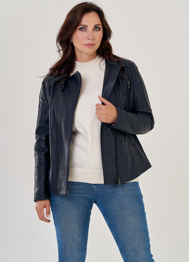 фото Куртка косуха из натуральной кожи в синем цвете модель № 10636 фото Куртка косуха из натуральной кожи в синем цвете модель № 10636