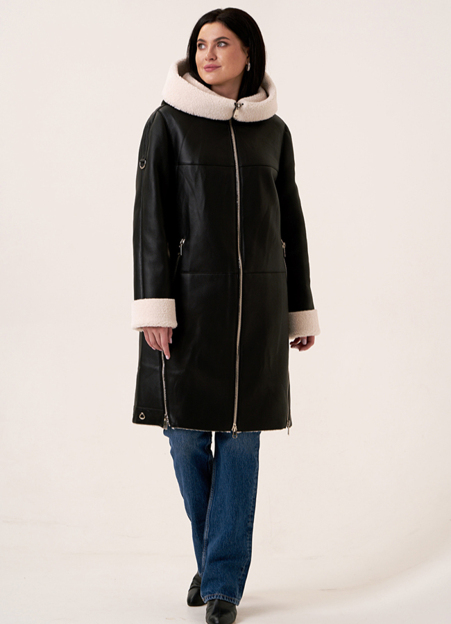 Эко дубленка черного цвета удлиненная на молнии модель № 79450 универмаг малина