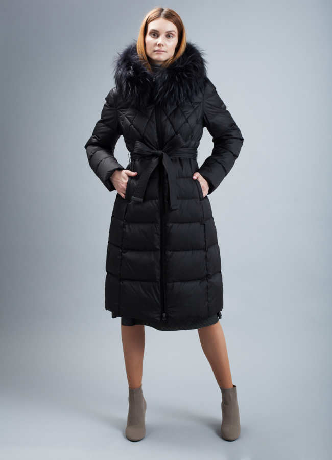 Пуховик женский на биопухе модель № П-327 меха малина