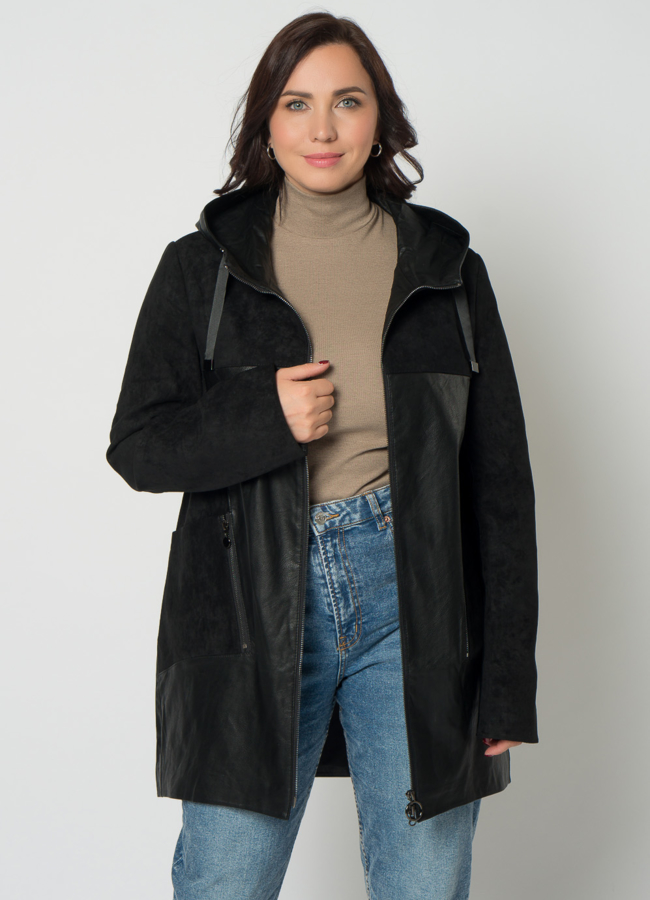 Полупальто из эко кожи с капюшоном модель № 21575 универмаг малина