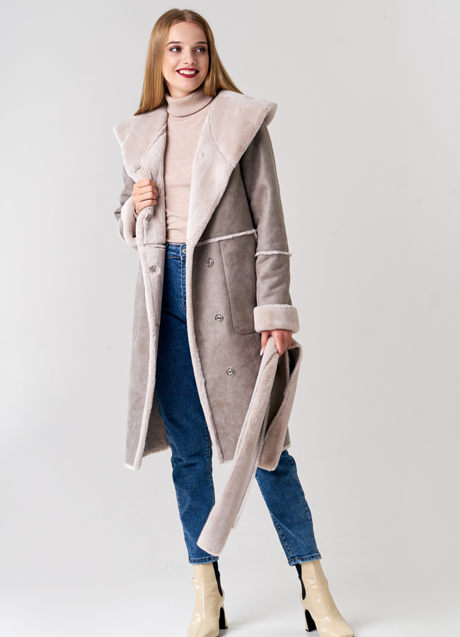 Удлиненная женская дубленка  модель № 21559 универмаг малина