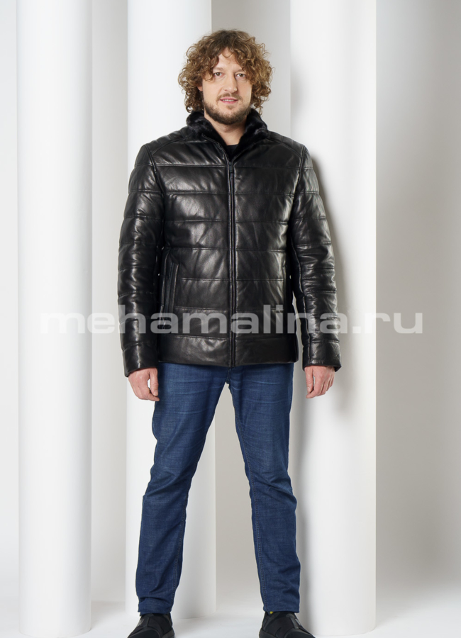 фото Пуховик из натуральной кожи, со стойкой, на молнии модель № KP-235