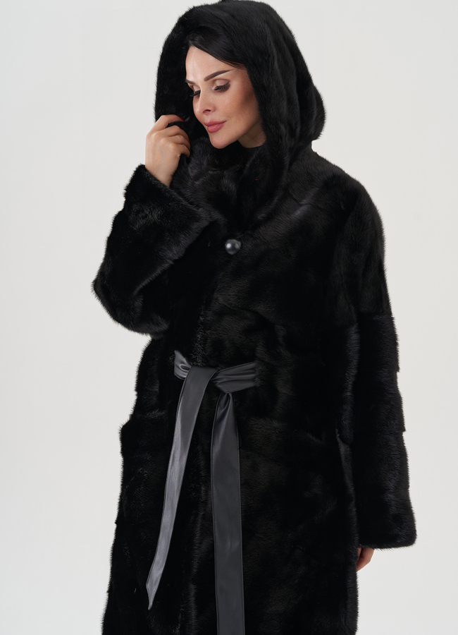 Длинная норковая шуба с капюшоном модель № 25018 меха малина