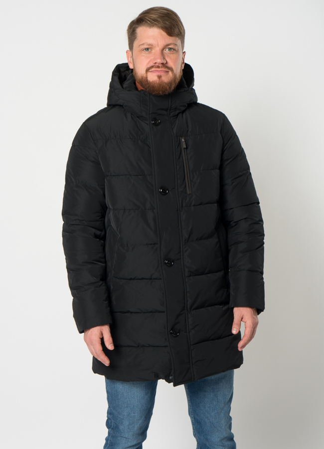 Пуховик мужской в черном цвете с капюшоном модель № 21567 меха малина