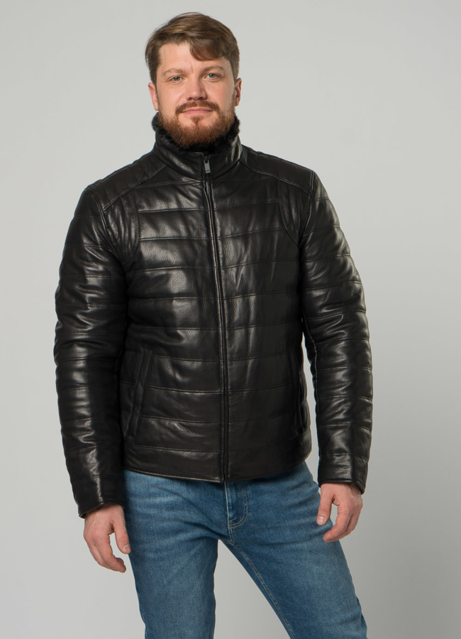 Мужской пуховик из натуральной кожи с воротником стойкой модель № 20025 меха малина