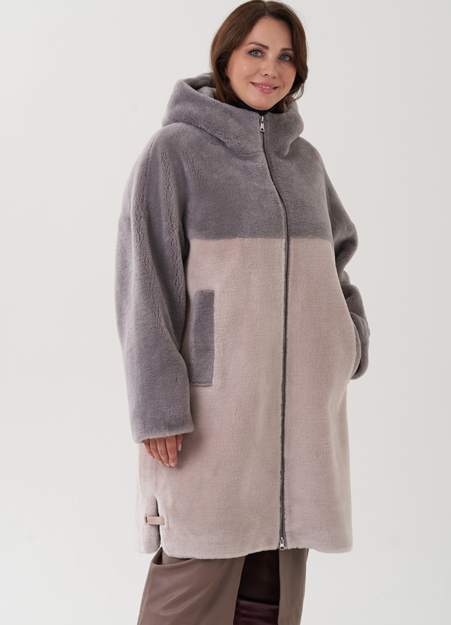 Женское пальто с капюшоном  модель № 82434 меха малина