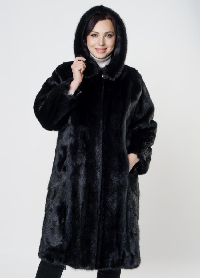 Длинная шуба из норки модель № S-1009 меха малина